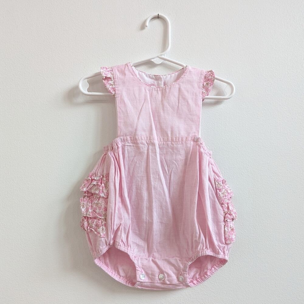 Petit Bebe Boutique Bubble Romper Sz 12m Pink Dainty Girly Floral Ruffle Bum